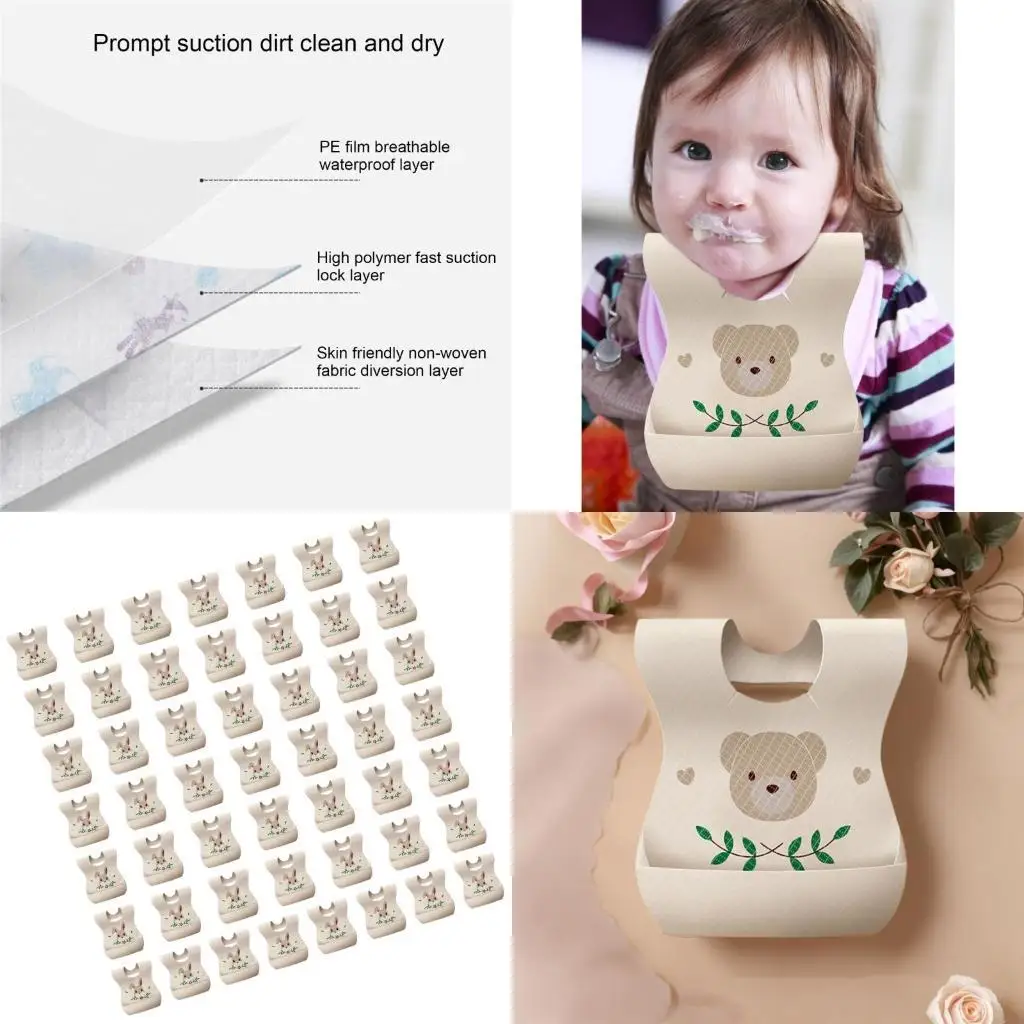 

581F Pack Of 50 Watertight Disposable Bib Infant Feeding Bib Animal Pattern designs for Baby Ensures Clothing Stays Spotless
