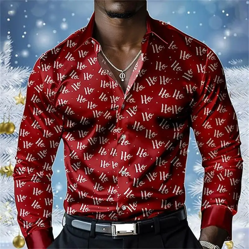 

New men's shirt with Christmas themed 3D printing, men's lapel, buttons, fashionable party, comfortable and casual long sleeved