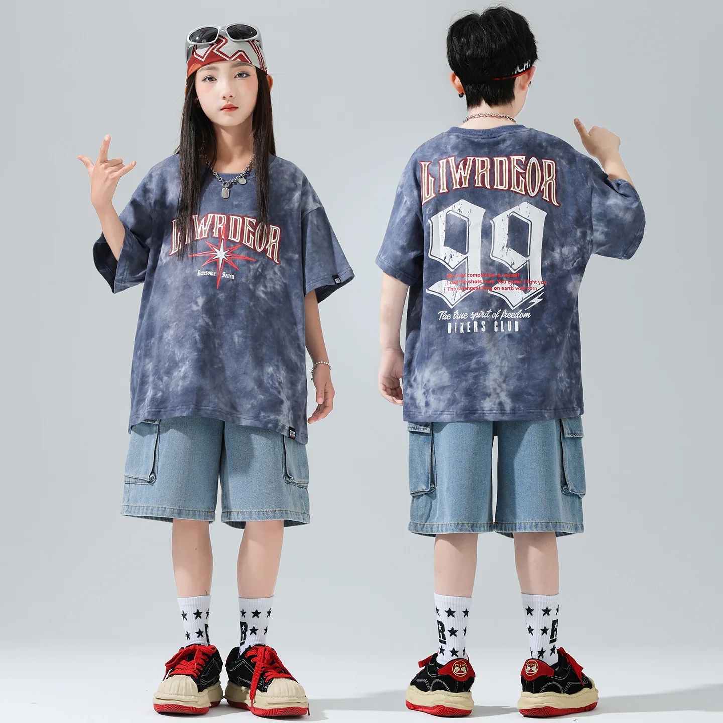 

Kid Kpop Hip Hop Clothing Gray Blue Letter T Shirt Denim Blue Casual Jeans Cargo Shorts for Girl Boy Jazz Dance Costume Clothes