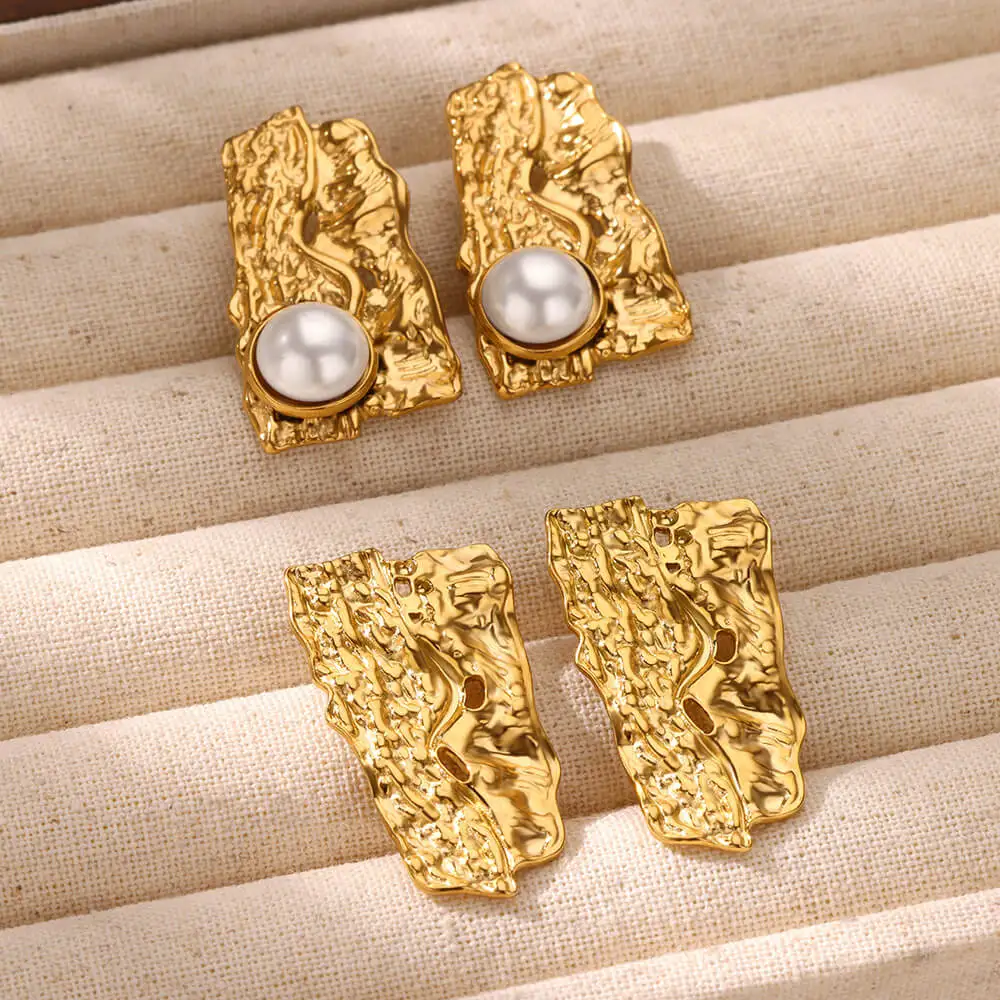 Vintage Stainless Steel Folded Texture Pearl Earrings For Women Creative Design Earrings Ear Jellery Christmas Jewelry Gift