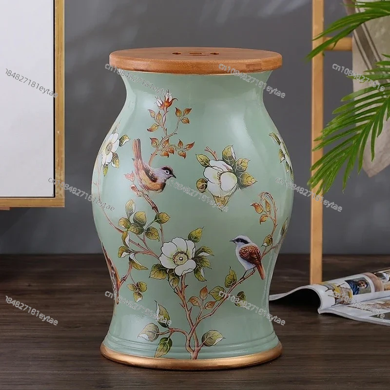 Ceramic Drum Stool, American Dressing Stool Shoe Changing Storage Pouf for Home Bedroom Furniture