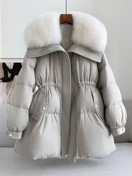 Winter Warm Coat Women's White Goose Down Down Jacket Fashion Fox Big Fur Collar Design Drawstring Waist Sweet Women's Coat