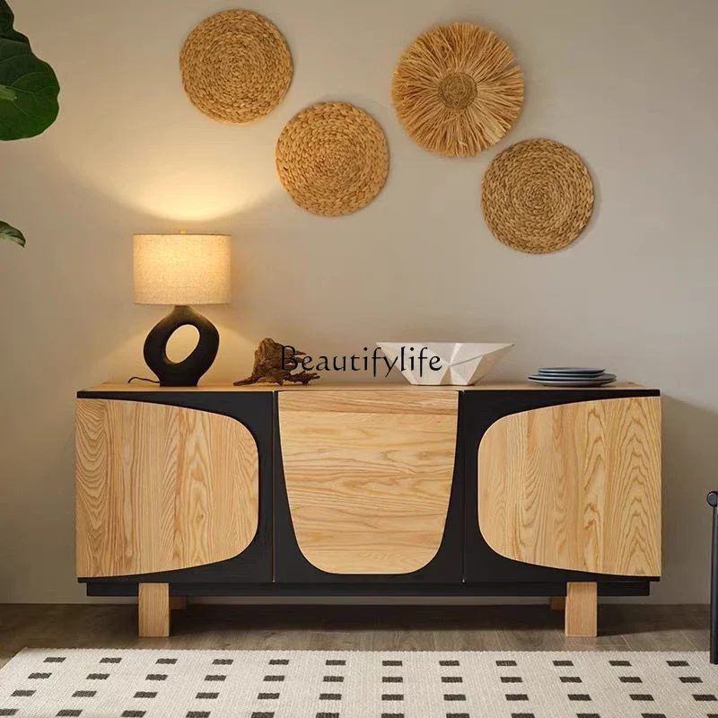 

D25Medieval style dining side cabinet ash wood household large apartment living room storage cabinet