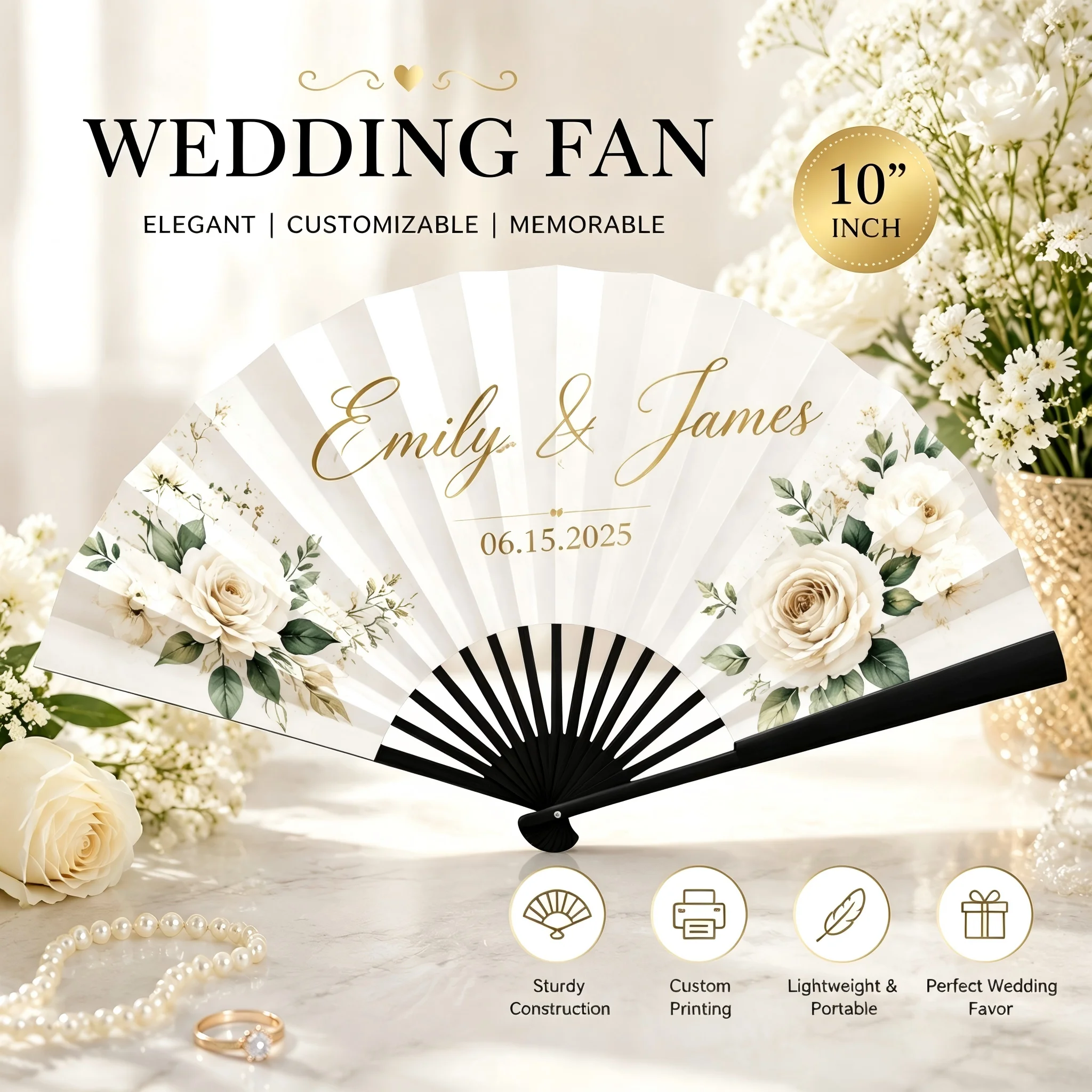 Personalized 10 Inch Bamboo Folding Hand Fan Custom Engraved Wooden Fans Wedding Favors for Guests Bridal Shower Party Gifts