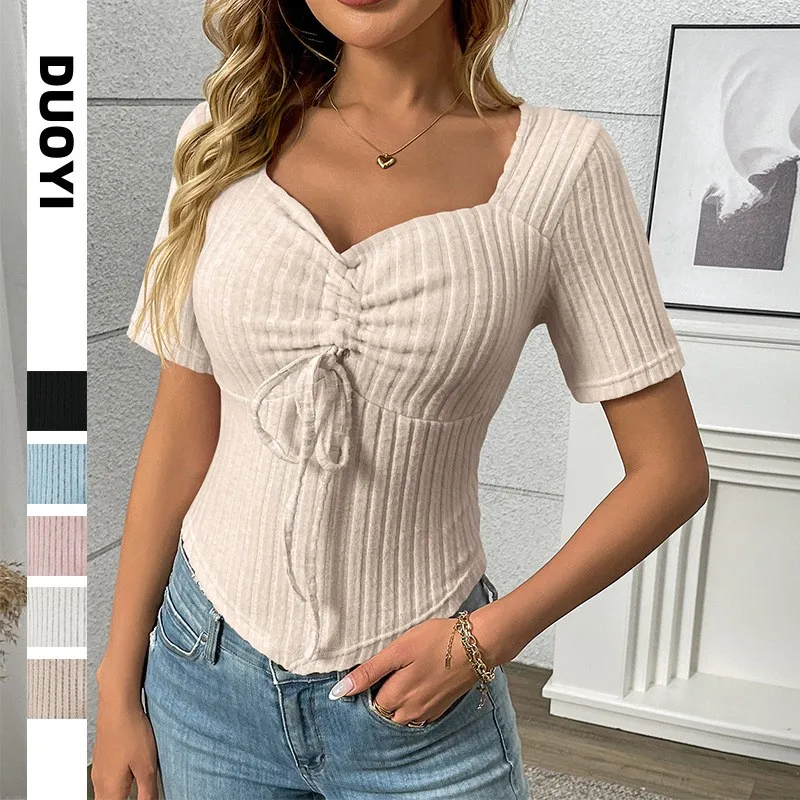 Short Sleeve V Neck Top Slim Fit Streetwear Women Summer Tops Regular Length European and American Style Sweet and Fresh