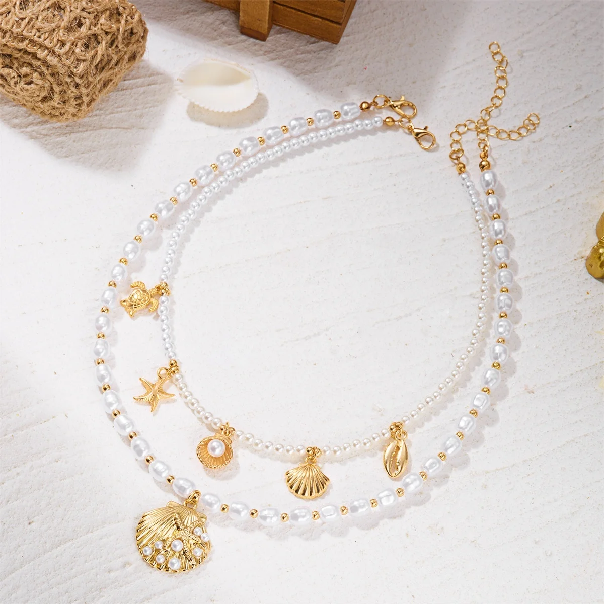 Boho Seestern Muschel Seepferdchen Hummer Anhänger Halskette für Damen und Herren, unregelmäßige Imitationsperle, Ozean-Strand-Choker-Schmuck – Detail 18
