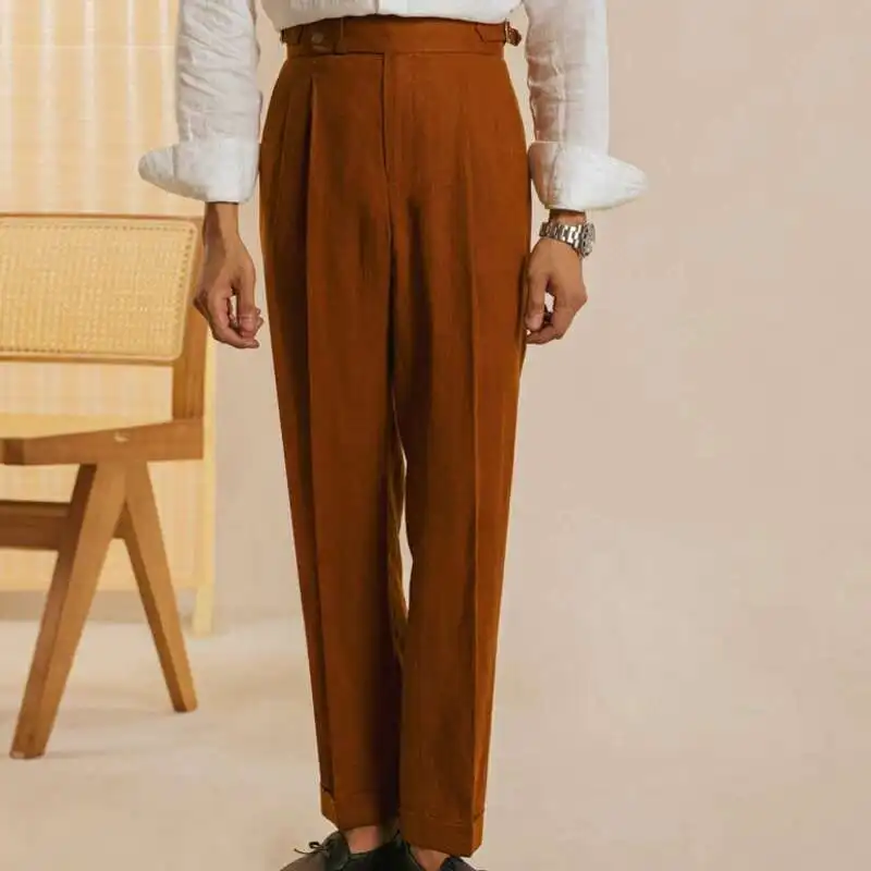 Celana kasual Retro Linen celana Kantor celana pinggang tinggi gaya Inggris celana panjang pria celana putih celana panjang kaki lurus Naples