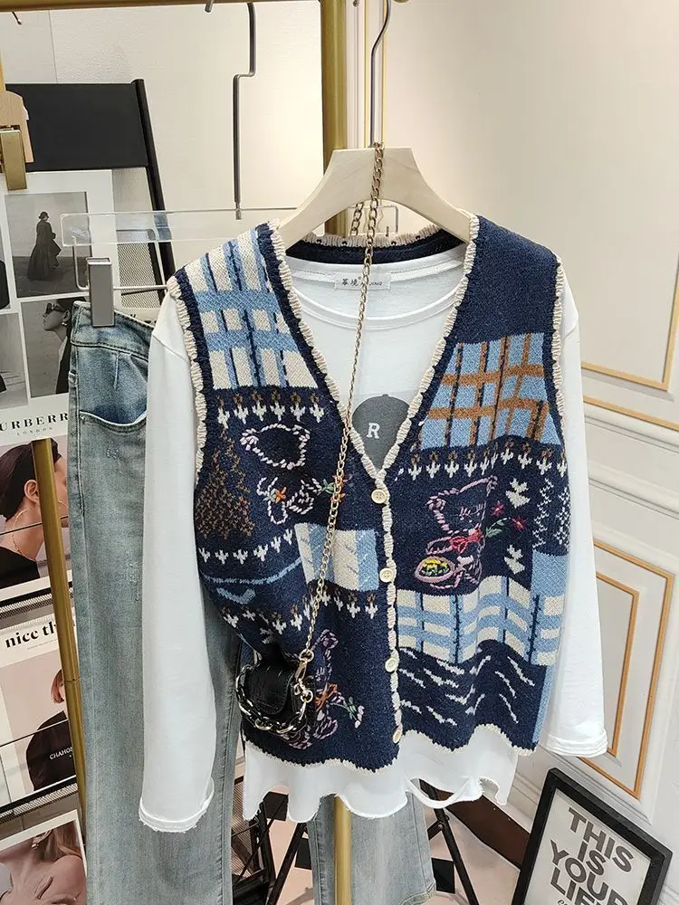 女性のヴィンテージ漫画Vネックニットカーディガンベスト、ノースリーブセーター、カジュアルジャケット、キャミソール、ニットウェア、春と秋