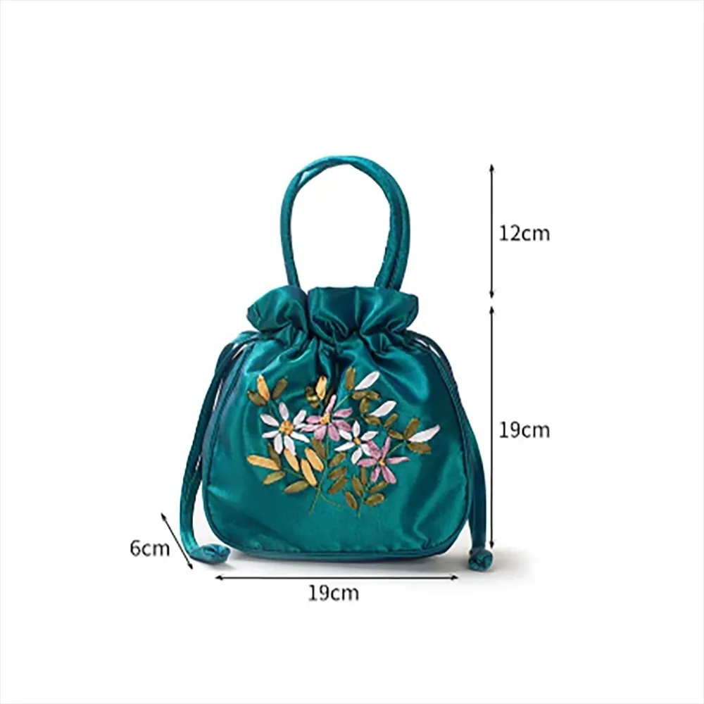 Small Women Bucket Bag Top Handle Ladies Handbag Phone Bag Summer Purse National Style Embroidered Flower Pattern Drawstring Bag