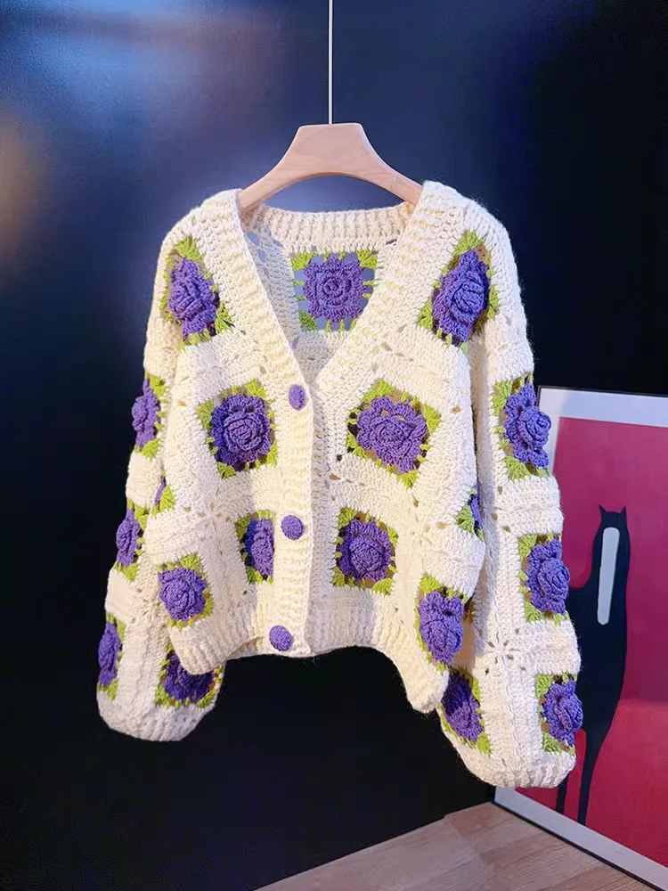 Women's V-neck Handmade Crochet Three-Dimensional Rose Pattern Hollow Wool Bland Sweater Cardigan