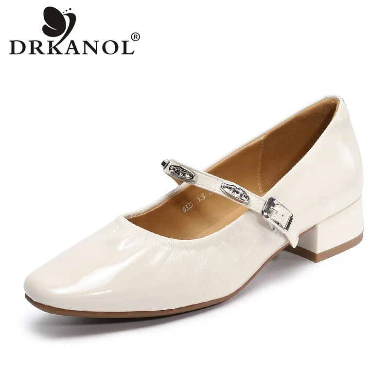 

DRKANOL 2026 Women Low Thick Heel Shoes Square Toe Pumps Elegant Rhinestone Genuine Cow Leather Shallow Soft Mary Janes Shoes