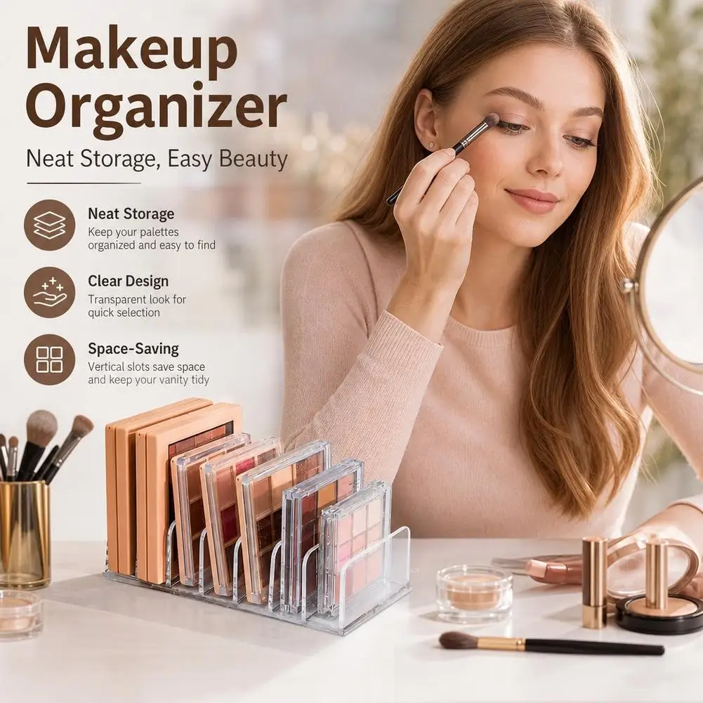 7-Compartment Acrylic Makeup Palette Organizer Powder and Eyeshadow Palette Storage Box Makeup Clear Storage Shelf Space-Saving