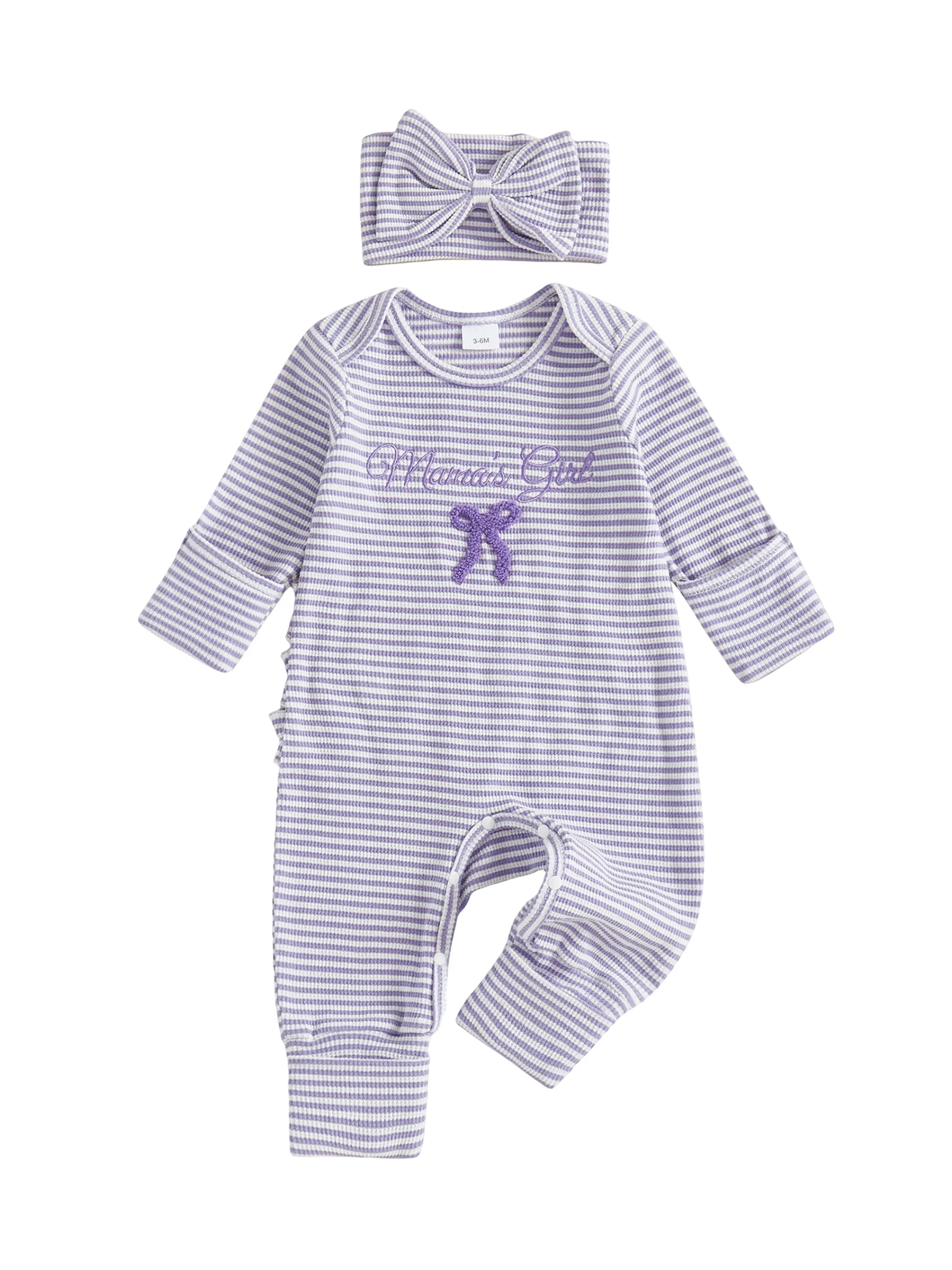 Playsuit Bayi Balita Motif Garis Musim Gugur dengan Bordir Huruf, Lengan Panjang dan Kerah Bulat Dilengkapi Pita Senada