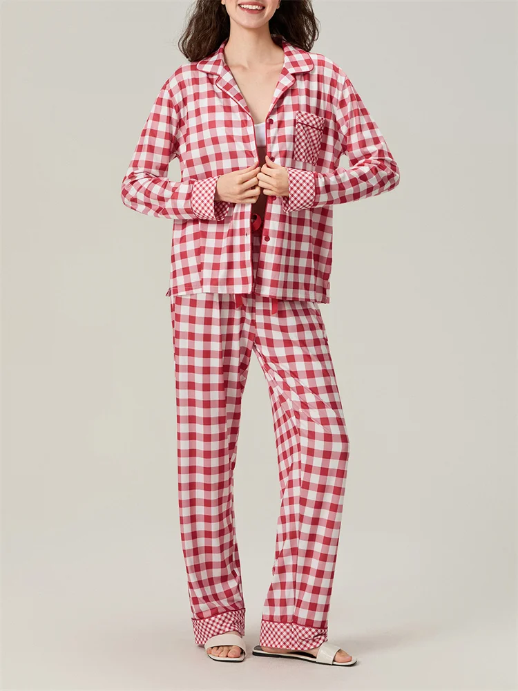 

CHRONSTYLE Women Christmas Pajamas Sets Plaid Print Long Sleeve V-Neck Shirts Tops with Wide Leg Pants Loungewear 2pcs Sets 2025