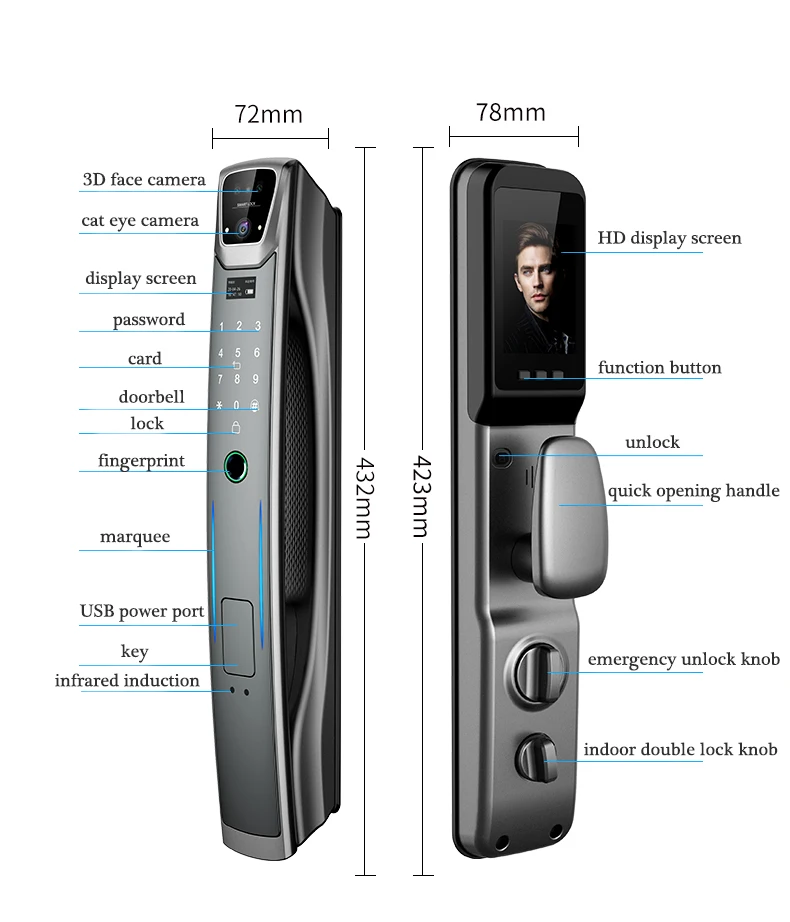 S937MAX 3D Face Fingerprint Recognition Smart Lock for Wood Aluminum Video Calling Digital WiFi Code Remote Control