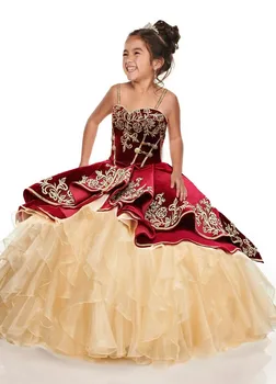Charro Mini Quinceanera Jurken Baljurk Liefje Fluwelen Appliqués Bloemenmeisjesjurken Voor Bruiloften Optocht Jurken Kids Baby