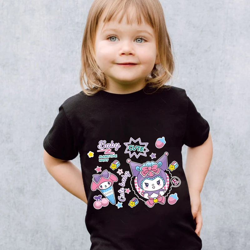 Sanrio Kuromi kids t-shirt puro cotone a maniche corte nero top cartoon abbigliamento per bambini per ragazze