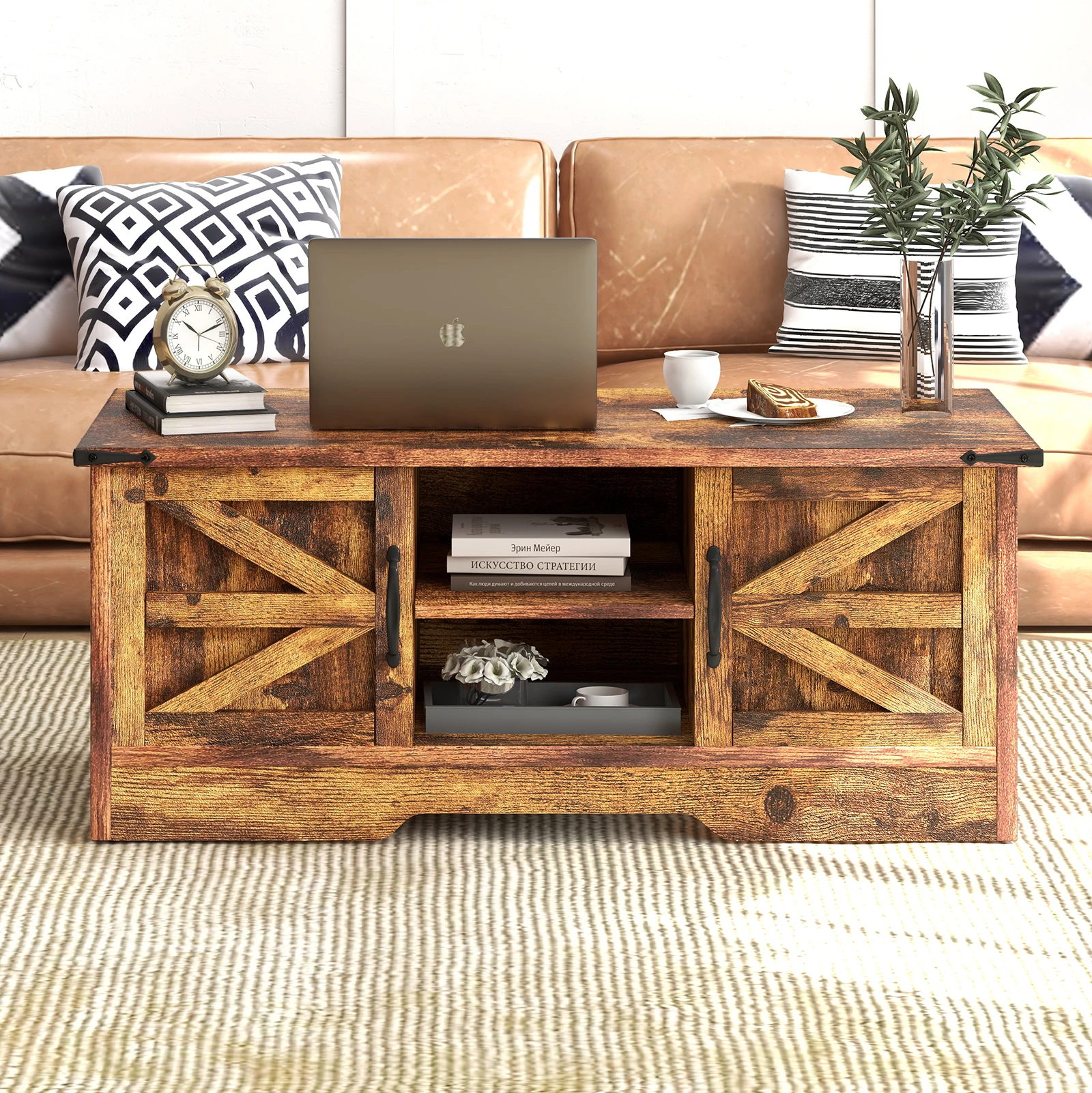 oneinmil Coffee Table with Barn Doors,Farmhouse Center Table with Storage,Modern Rustic Style Wooden Living Room Table,Brown