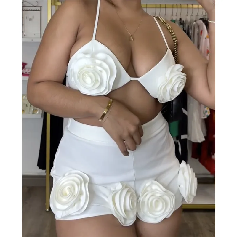 

Women's clothing 2025 summer new fashion sexy halter neck V-neck slim three-dimensional flower shorts suit club clothing Vestido