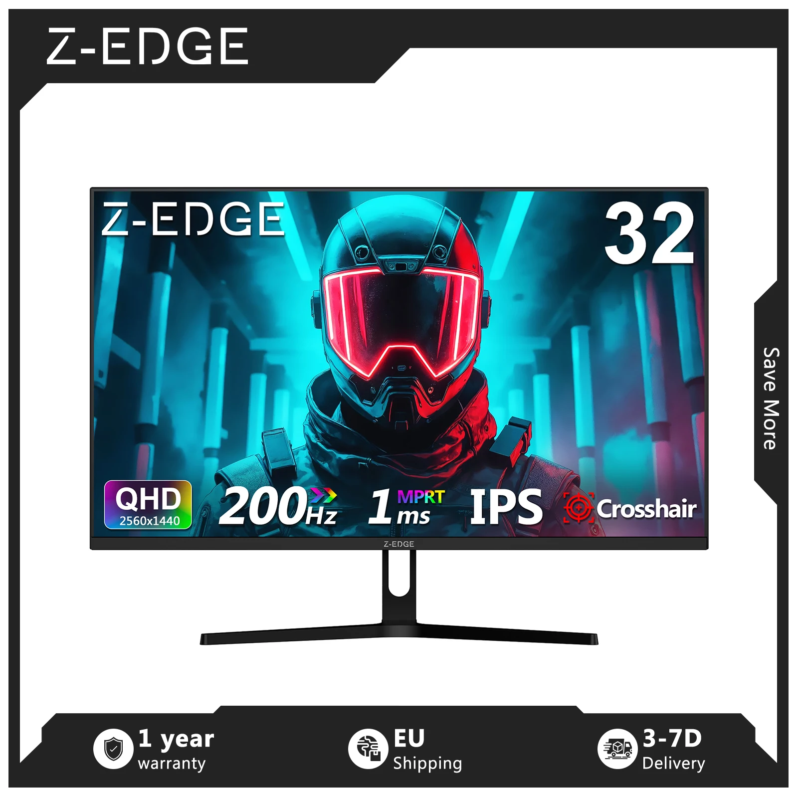 Monitor para juegos Z-EDGE de 32 pulgadas, 200 Hz, 2K 2560 x 1440 QHD, 1 ms MPRT, panel IPS 16:9, brillo de 300 cd/m², FreeSync, HDR10, 100% sRGB, 1200:1, compatible con VESA