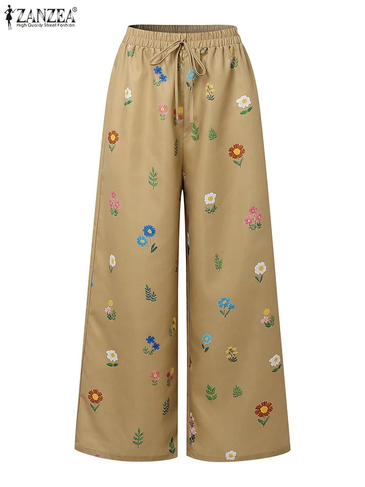 ZANZEA Vrouwen Bloemenprint Wijde Pijpen Broek 2025, Herfst Casual Lace-Up Elastische Taille Losse Broek Vrije tijd Dagelijkse Slijtage Bodems