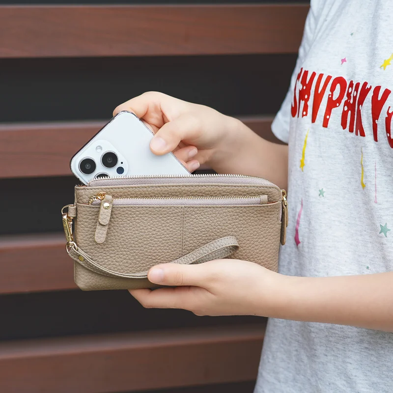 Litchi Grain Genuine Leather Three Zipper Women Wallet Multi-function Phone Bag Detachable Wrist Strap Coin Purse for Ladies