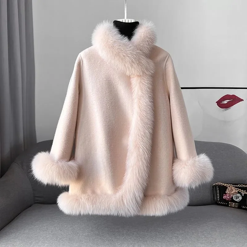 High End Double-sided Wool Strapping Real Wool Fur Coat Women's Removable Cuffs Fox Fur Temperament Cashmere Short Jacket