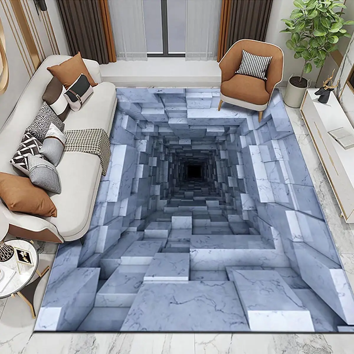 Marble Brick Bottomless Hole Area for Living Room 3D Trap Optical Visual Illusion Rugs Kids Playroom Floor Carpet Mat Non-Slip