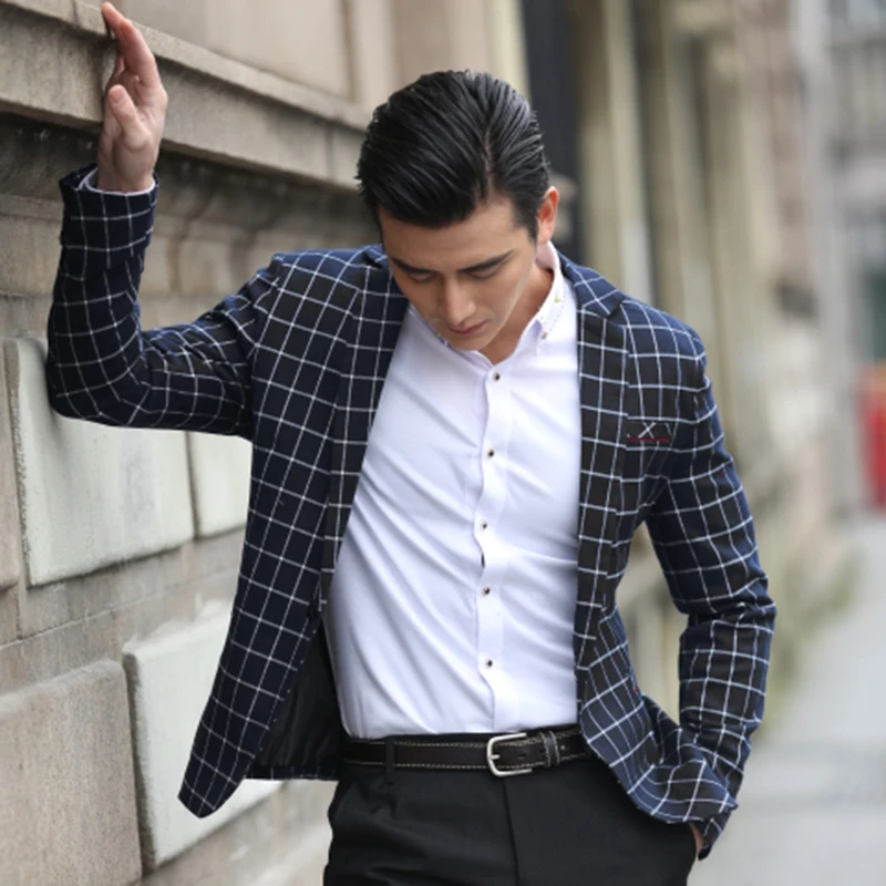 

Men's Casual Plaid Suit Slim Fit Briti Sle Long Sve Outerwear Korean Version Small Western Suit Youth Top Spring Autumn