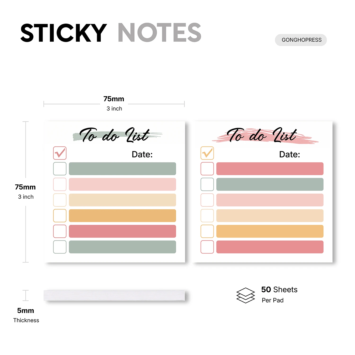 2pcs To Do List Sticky Notes 3x3 Inch, 75x75mm Self Stick Checklist Memo Pads, 100 Sheets Total, Daily Planner Reminder Note Pad