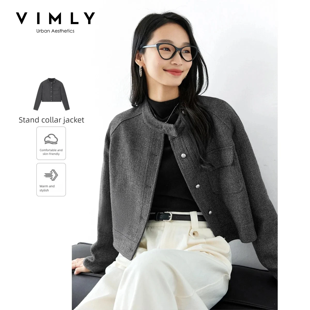 VIMLY Women's Padded Thick Stand‑collar Coat 2026 Autumn Winter Vintage Cargo‑style Loose-fit Short Wool‑blend Overcoat A0001