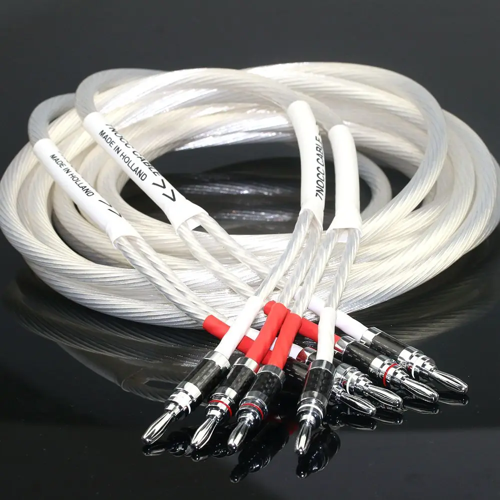 7NOCC Silver Plated Speaker Cable 24 Strands Banana Head/Y Plug HiFi Speaker Cable Audio Amplifier Connection Cable