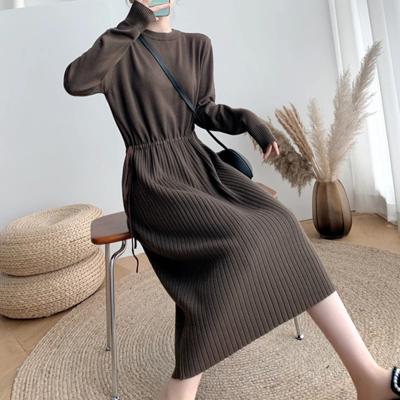 Elegant Long Sleeve Knit Dress Woman Fall 2022 Drawstring Waist Pink Loose Sweater Dresses Vestido Korean Winter Maxi Clothing