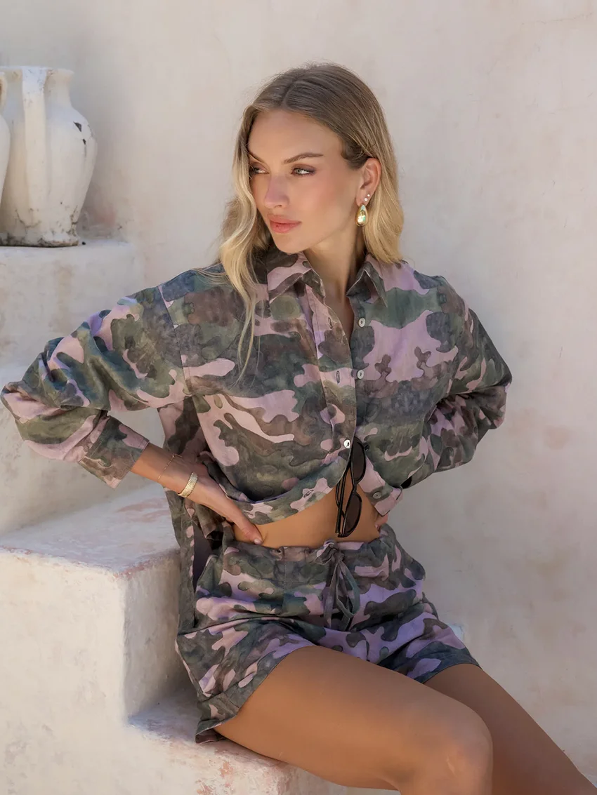 Marthaqiqi Printing Women Sleepwear Set Long Sleeve Nightgowns Sexy Turn-Down Collar Nightwear Shorts Casual Ladies Pajama Suits