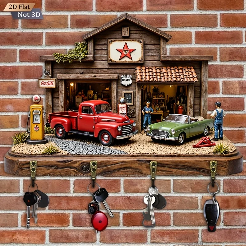 2D Flat. 1pc. Retro Car Repair Shop Key Hook - Wooden Multifunctional Decorative Key Rack, with four metal hooks, wall