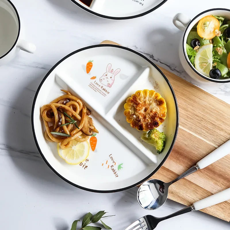 Three Partition Ceramic Dinner Plate Cute Children's Lunch Plate Student Dumplings Dinner Plate Cutlery Set
