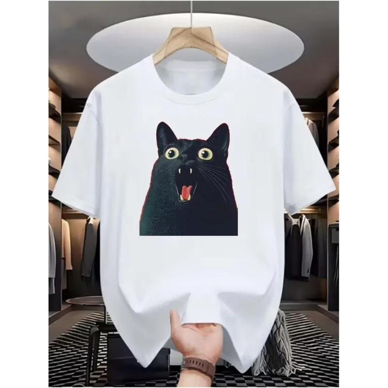 Funny Surprised Black Cat Meme Print Oversized T-Shirt Humorous Kitty Shock Face Graphic Short Sleeve Casual Tops for Women Men