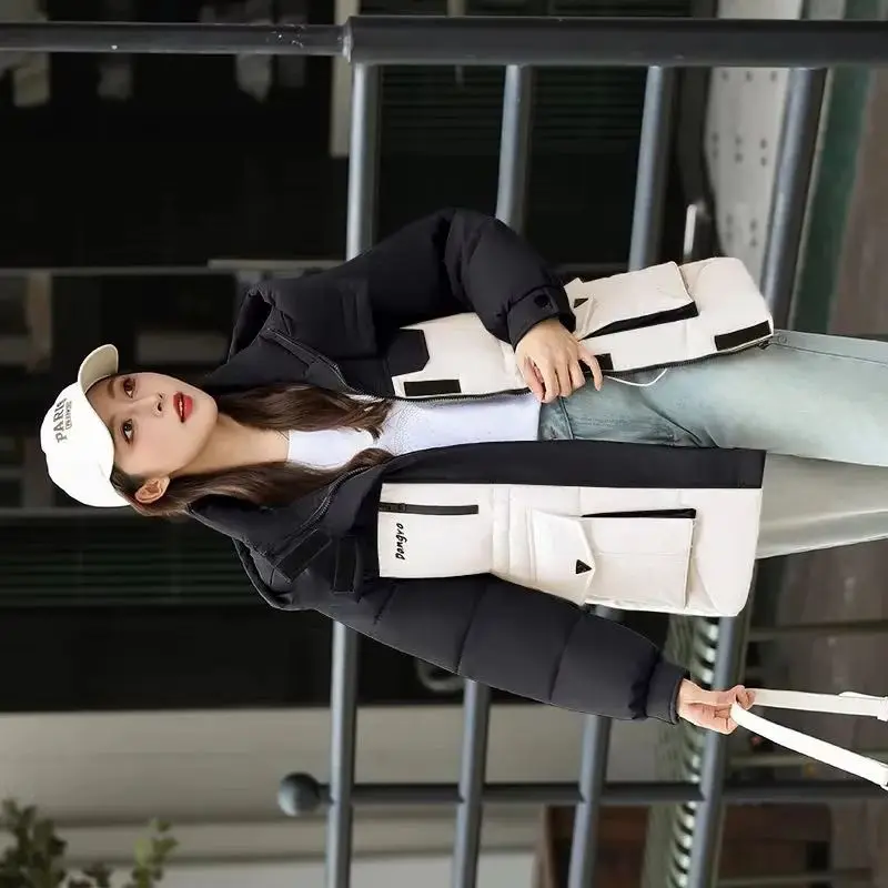 

Новая контрастная зимняя женская куртка средней длины с капюшоном, парки, пальто, теплое пальто с хлопковой подкладкой, женская повседневная универсальная верхняя одежда, парки