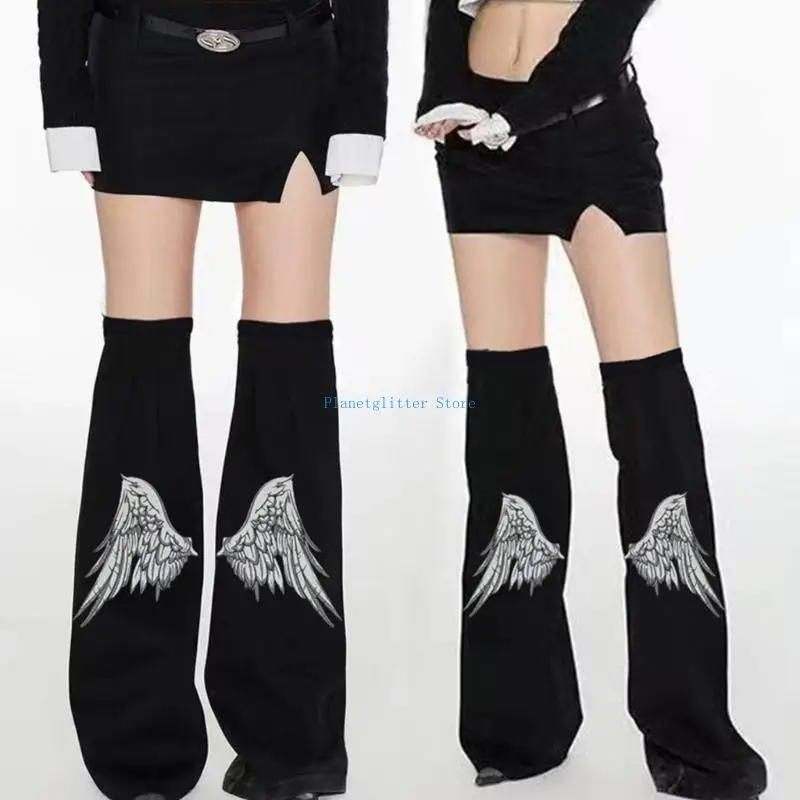 

652B Womens Punk Overknee Black Denims Leg Warmers with Angel Wing Print Flared Harajuku Baggy Boot Covers Footless Socks