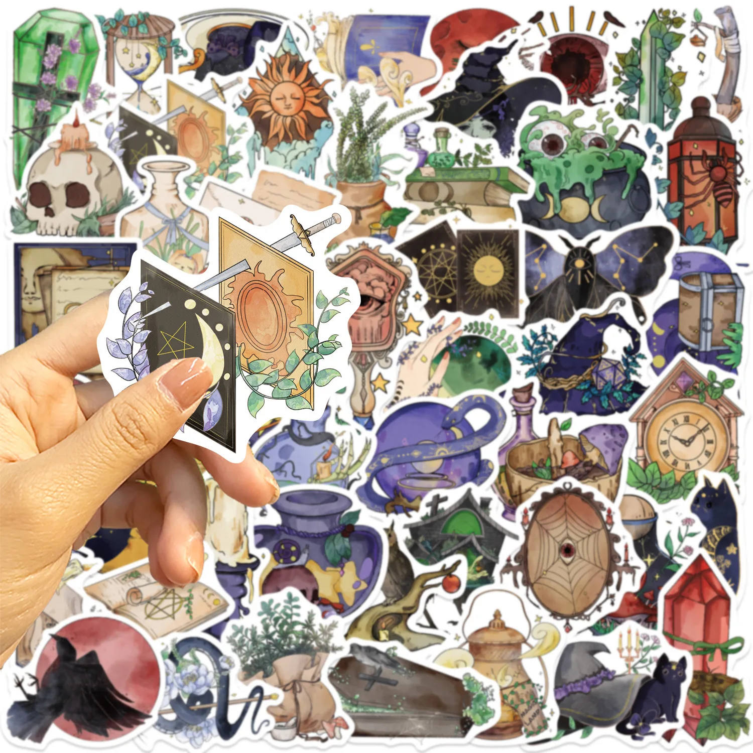 Autocollants de dessin animé de sorcière aquarelle, 50 pièces, imperméable, Graffiti magique noir, décoration, carnet de notes, tasse d'eau Mobile, téléphone, jouets de vélo