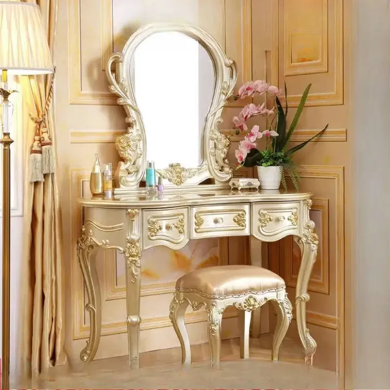 Luxury Glossy Vanity Table Dest Mirror Chair Cheap Europa Glass Dressing Table White Small Makeup Tafel Furnitures For Bedroom