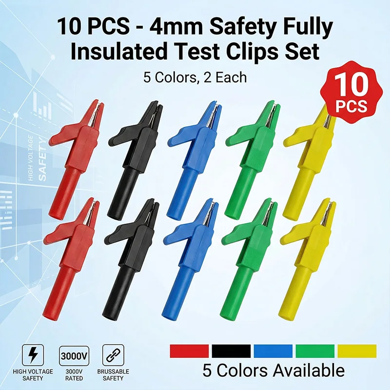 10PCS Fully Insulated Test Clips with 4mm Safety Banana Jack, 3000V High Voltage Alligator Clips for Electrical Testing