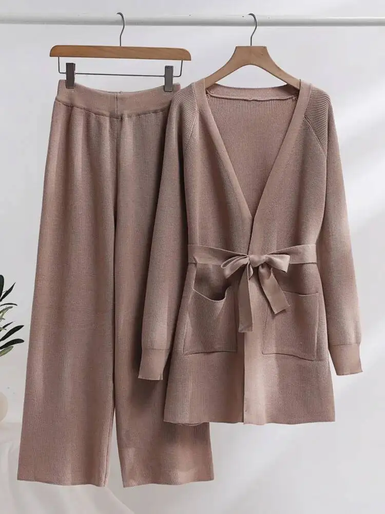 Winter Thicken Wide Leg Pants Knit Pocket Cardigan Coat Two-piece Set Women Autumn Fashion Loose Pants Suit Tracksuits Elegant