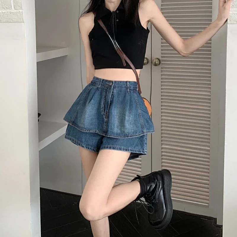 

2023 Summer Women Sweet Ladies Casual High Waisted Ruffled Wide Leg Ball Gown Blue Shorts Skirts