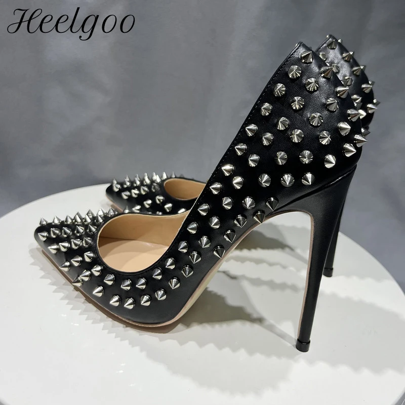 

Heelgoo Full Silver Spikes Women Sexy Black Matte Pointy Toe High Heel Shoes for Party Pub Designer Slip On Stiletto Pumps