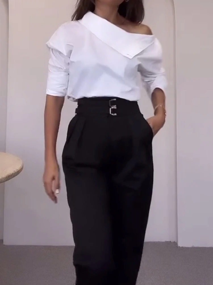 Eleganckie damskie bluzki na wiosnę i jesień, modne koszule z długim rękawem i golfem, dopasowane koszule biurowe 2025, damskie bluzki zapinane na guziki, dropshipping.