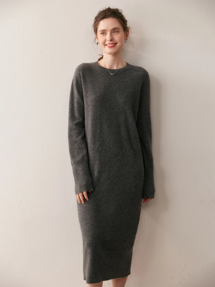 

Women's 100% Pure Cashmere Shift Dress Autumn Winter O-neck Mid-calf Soild Loose Knitted Simple Basic Long Sleeve High Quality