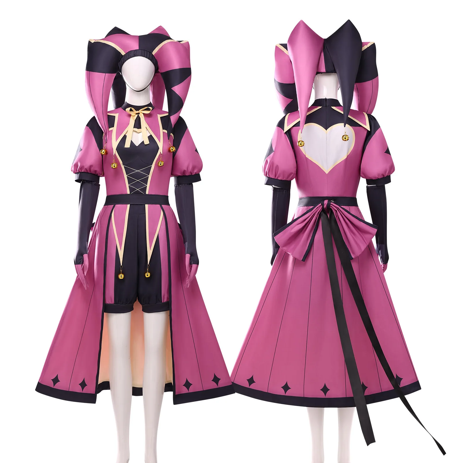Women Freak Circus Columbina Pink Clown Cosplay Costume, Yandere Horror Scary Halloween Outfit, Circus Ticket Print Themed Suit