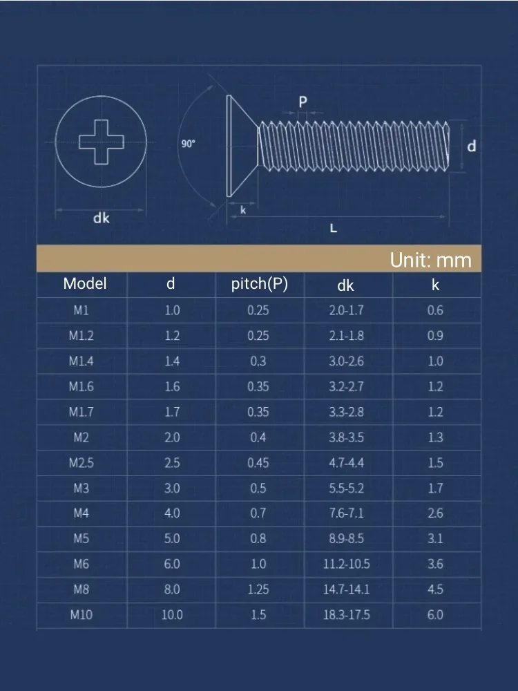 10~100pcs M2 M2.5 M3 M4 M5 M6 316 A4 Stainless Steel Phillips Countersunk Head Screw KM Cross Flat Head Machine Tooth Small Bolt