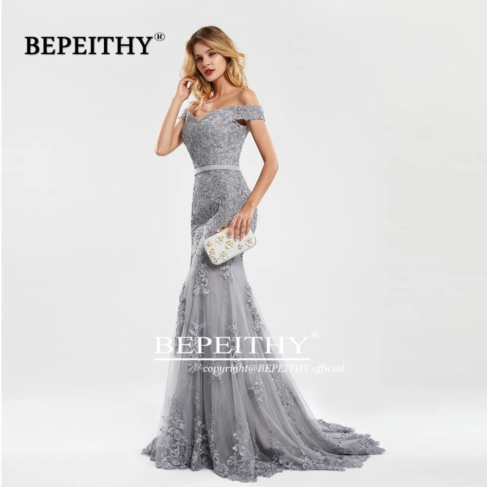 BEPEITHY Customized Mermaid Off Shoulder Long Evening Dresses For Women Lace Luxury Dubai Prom Dress With Short Train Party Gown